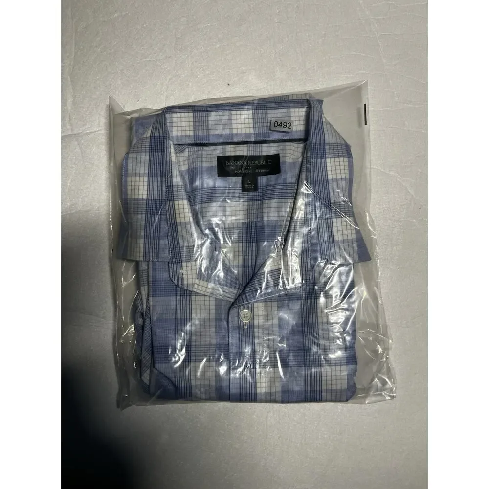 Banana Republic Mens L Non Iron Slim Fit Dress Shirt Blue White Plaid Long Sleev